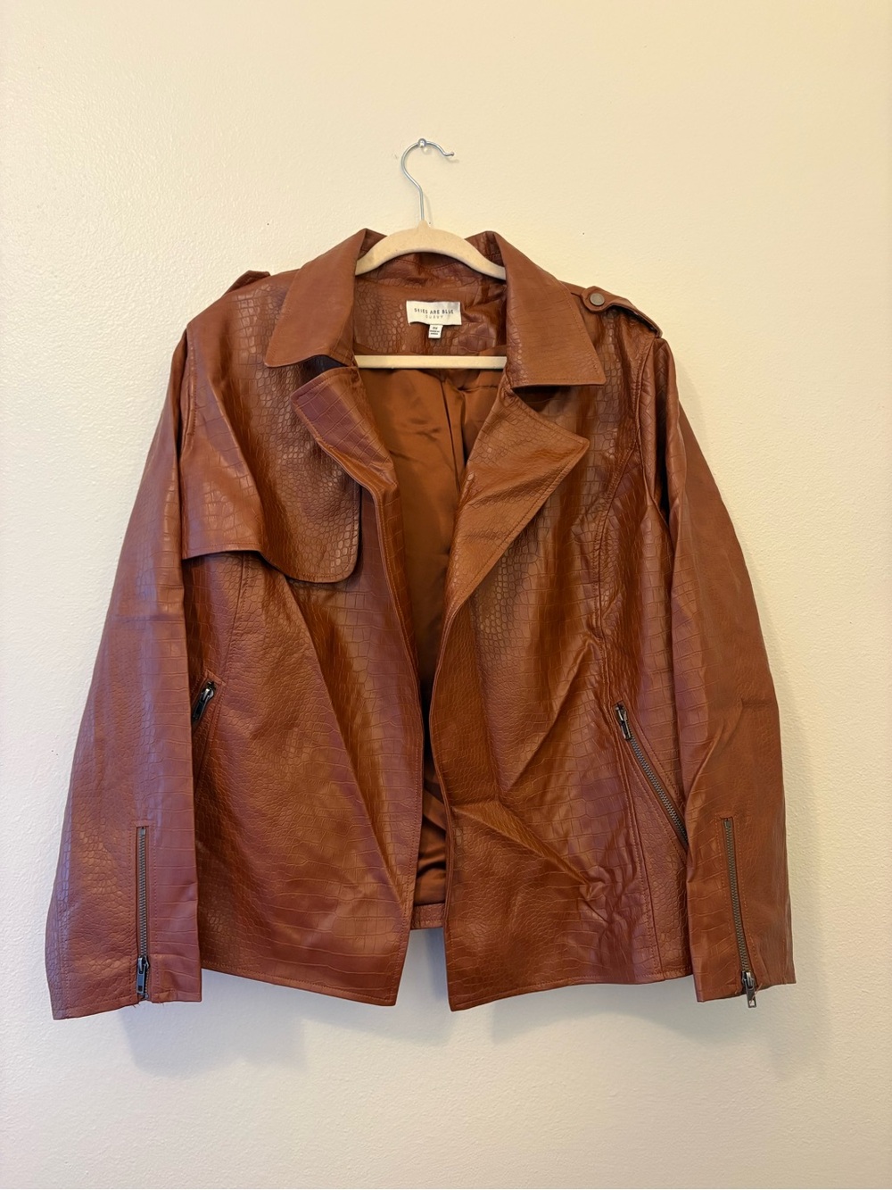 Skies Are Blue Cognac Croc-Embossed Faux Leather Moto Jacket